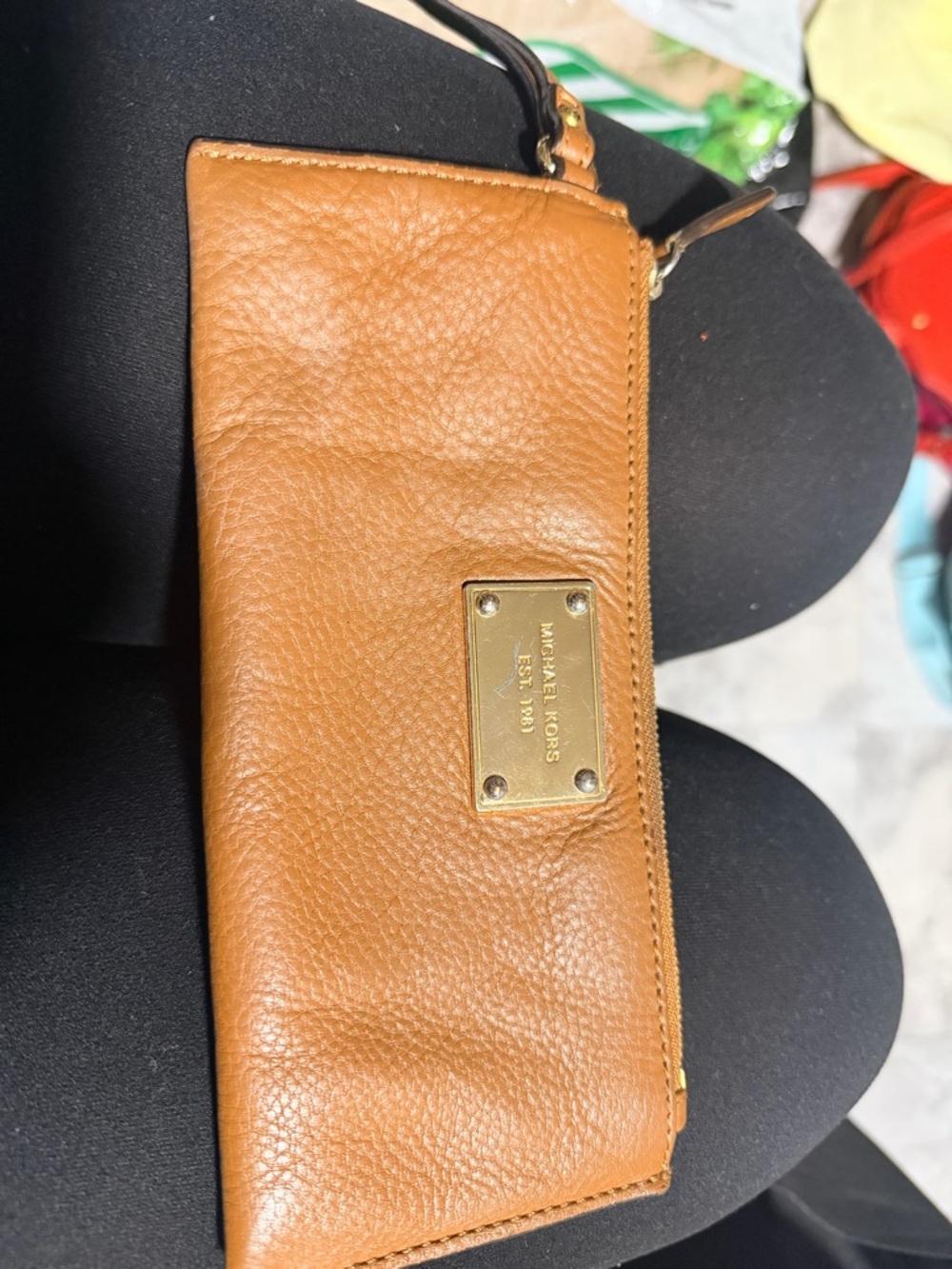 Michael Kors Cognac Leather Zip Wristlet with Gold Hardware